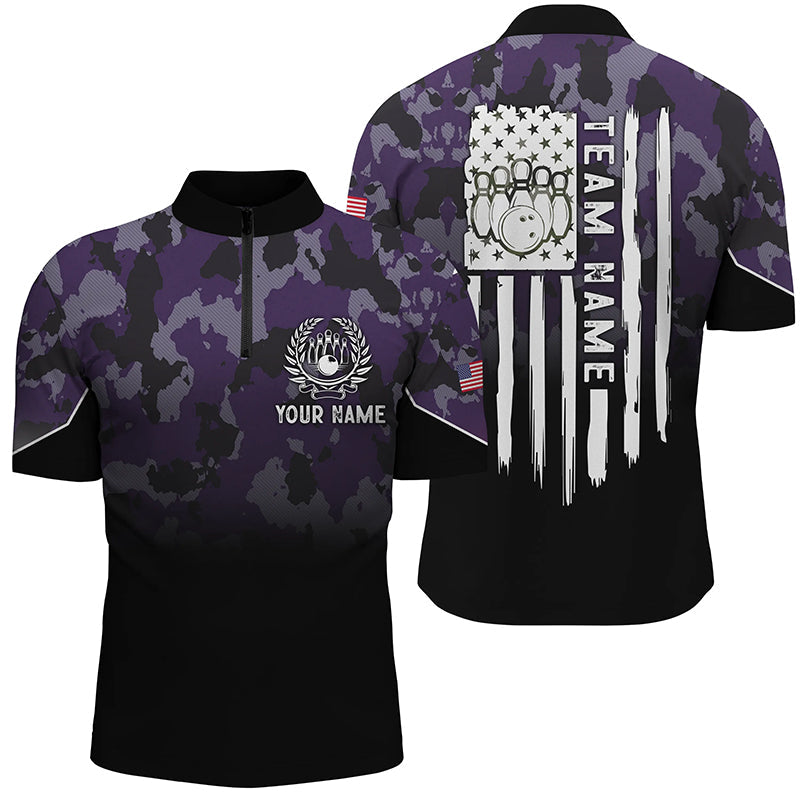 Black purple camo Men's bowling Quarter Zip shirts Custom American flag patriotic bowling team jerseys NQS6658