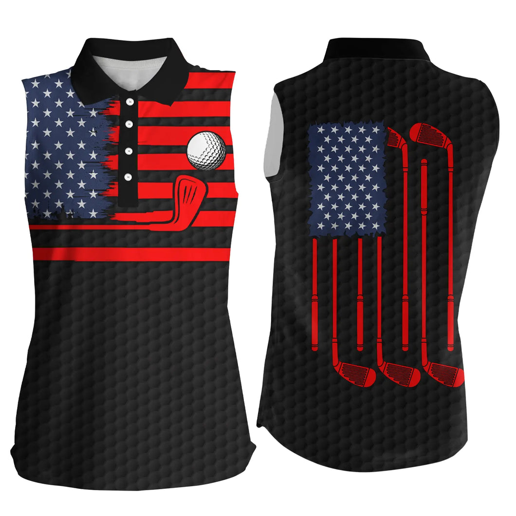 American flag patriotic womens sleeveless polo shirt black golf polo shirt, unique golf gifts NQS4765