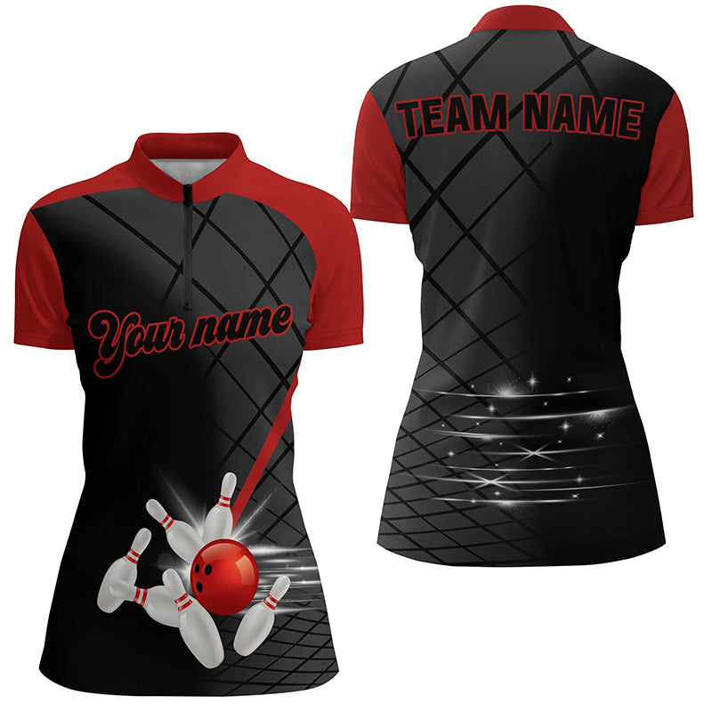 Black and red team bowling league jerseys custom Women Bowling Quarter Zip Shirt, gifts for bowler NQS7176