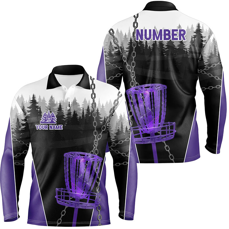 Mens Disc golf polo shirts custom black chain disc golf jerseys, disc golf outfit | Purple NQS7331