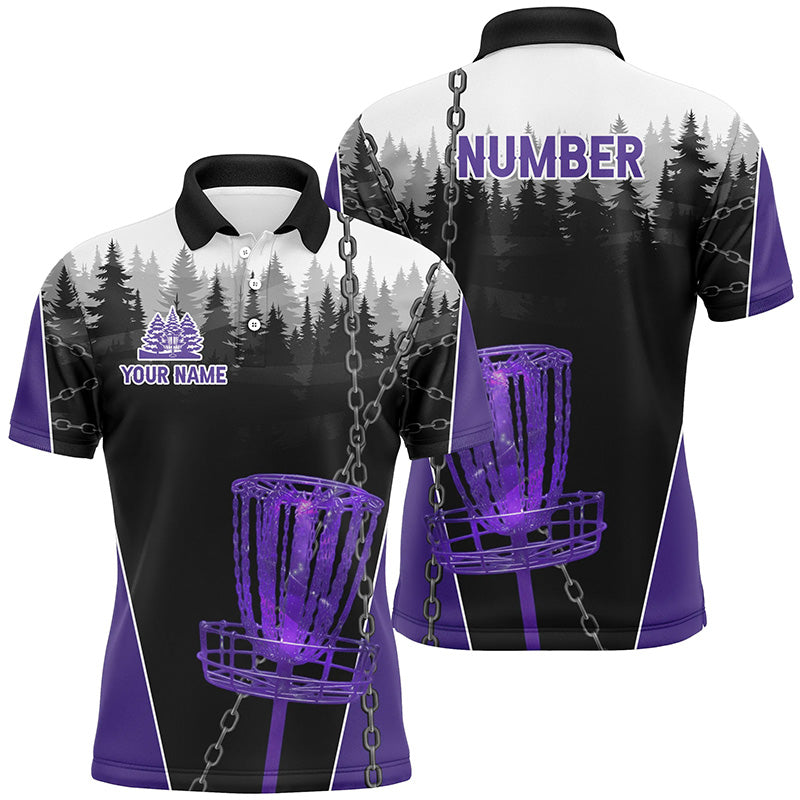 Mens Disc golf polo shirts custom black chain disc golf jerseys, frisbee golf outfit | Purple NQS7331