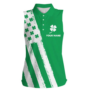 Women sleeveless golf polo shirt custom green clover American flag St Patrick day golf shirts NQS7068