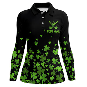 Womens golf polos shirts custom green clover St Patrick's Day black pattern golf polos shirt NQS7183