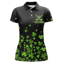 Load image into Gallery viewer, Womens golf polos shirts custom green clover St Patrick&#39;s Day black pattern golf polos shirt NQS7183