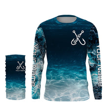 Load image into Gallery viewer, Fish on blue sea water camo Custom Name performance long sleeve fishing shirts uv protection NQS3652