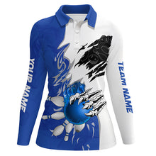 Load image into Gallery viewer, White Bowling polo Shirt for women Custom bowling ball pins Jerseys flame bowling shirt | Blue NQS6460