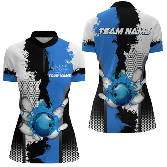 Black white bowling fire league jerseys custom Women Bowling Quarter Zip Shirt, gift for bowler | Blue NQS7189