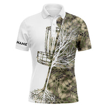 Load image into Gallery viewer, Mens disc golf polo shirt custom name green camo disc golf basket, personalized disc golf shirts NQS5028