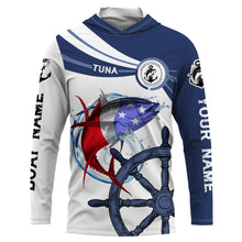 Load image into Gallery viewer, Tuna Fishing American Flag Custom name and boat name performance Long Sleeve Fishing Shirts, Patriotic Fishing gifts - NQS2412