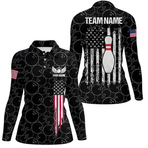 Black retro Womens Bowling Polo Shirts Custom vintage camo American flag team Ladies Bowlers Jerseys NQS6705