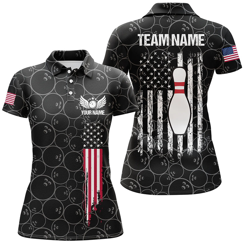 Black retro Womens Bowling Polo Shirts Custom vintage camo American flag team Ladies Bowlers Jerseys NQS6705