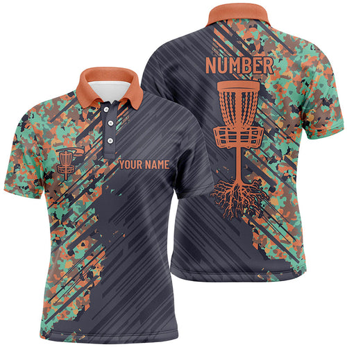 Mens disc golf polo shirt custom name Grunge Camo disc golf basket, personalized disc golf apparel NQS7200