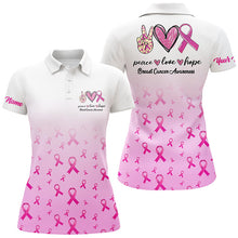 Load image into Gallery viewer, Pink ribbon white Women golf polo shirt custom Breast Cancer Awareness peace love hope golf outfit NQS6463