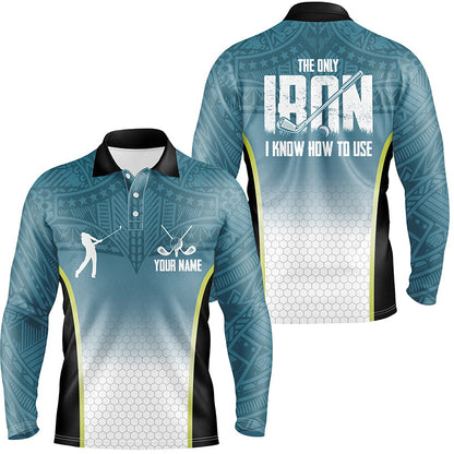Blue tribal pattern Mens golf polo shirts custom The only iron I know how to use mens golf attire NQS6907