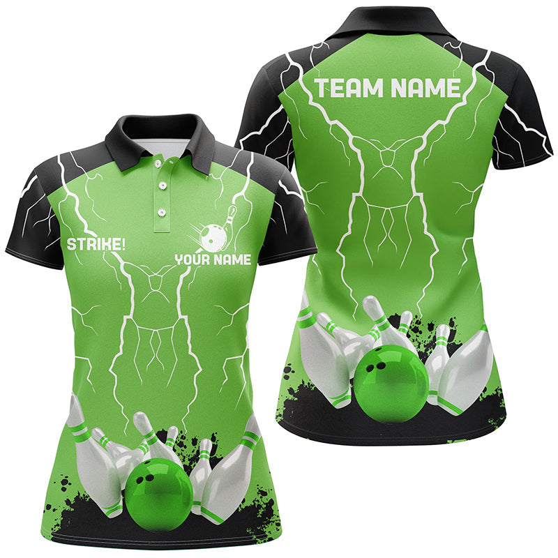 Women bowling polo shirt Custom bowling strike lightning storm thunder team league jersey | Green NQS7083