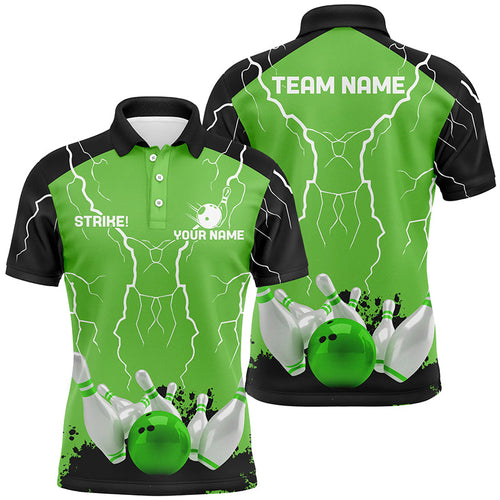 Mens polo bowling shirt Custom bowling strike lightning storm thunder team league jersey | Green NQS7083