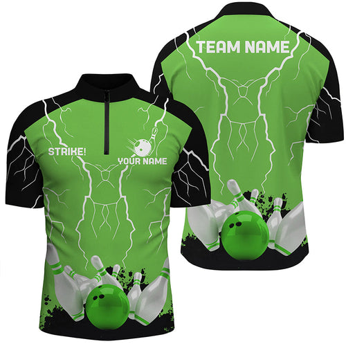 Men's bowling Quarter Zip shirts Custom bowling strike lightning storm team league jersey | Green NQS7083