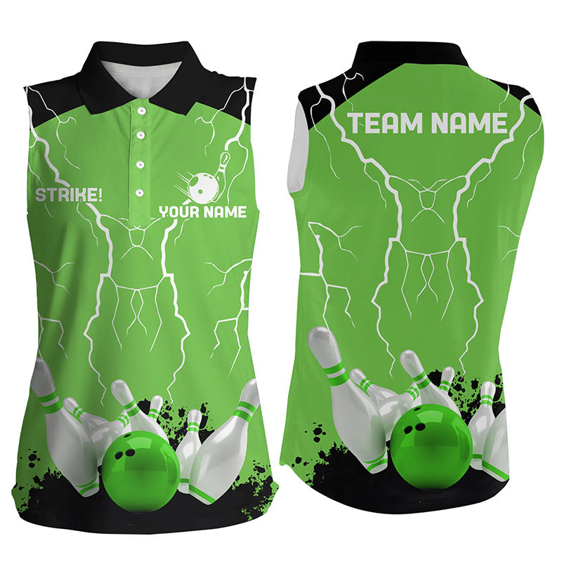 Women sleeveless polo shirts Custom bowling strike lightning storm team league jersey | Green NQS7083