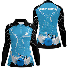 Load image into Gallery viewer, Women bowling polo shirt Custom bowling strike lightning storm thunder team league jerseys | Blue NQS7084
