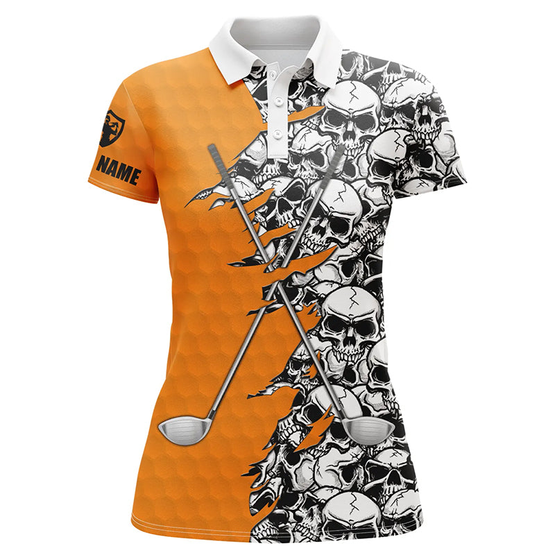 Womens golf polo shirts custom orange Halloween skull golf club, skull pattern golf performance shirts NQS6244