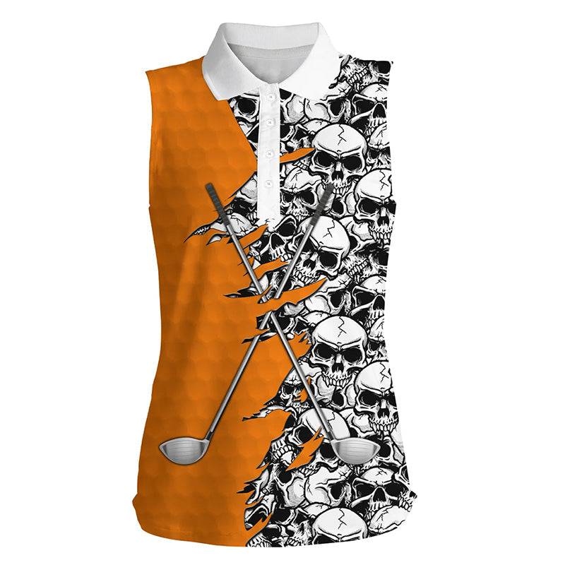 Women sleeveless polo shirt orange Halloween skull golf clubs, skull pattern golf performance shirts NQS6244