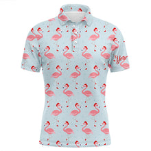 Load image into Gallery viewer, Funny Mens golf polo shirt custom Christmas pattern with tropical winter flamingos in xmas Santa hat NQS6719