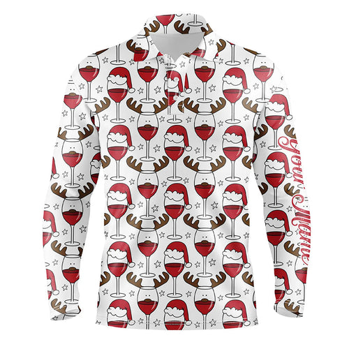 Mens golf polo shirt custom Christmas Wine glass in reindeer antler santa hat, gift for golf lovers NQS6723