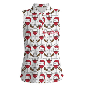 Womens sleeveless golf polos custom Christmas Wine glass in reindeer santa hat, gift for golf lovers NQS6723