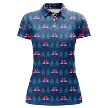 Load image into Gallery viewer, Womens golf polo shirt custom blue Christmas pattern with flamingos in hats, gift for golf lovers NQS6724