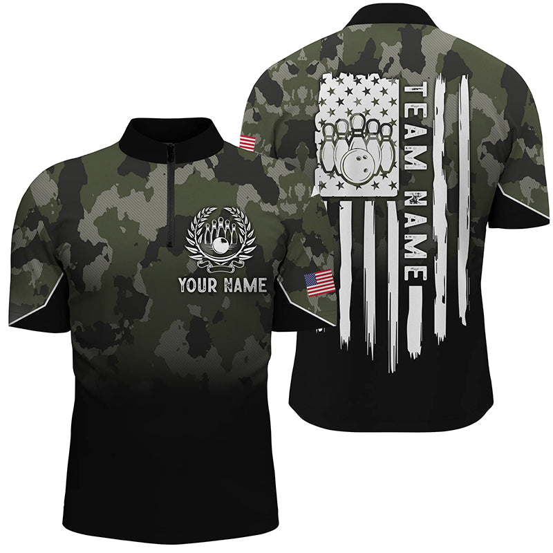 Black green camo Men's bowling Quarter Zip shirts Custom American flag patriotic bowling team jerseys NQS6263