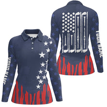 Load image into Gallery viewer, Red white and blue American flag Womens golf polo shirt custom patriotic women's golf outfits NQS6736