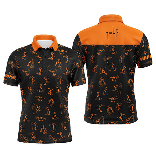 Men golf polo upf shirts custom name funny golf pattern, black orange polo shirt golf outfit men NQS6279