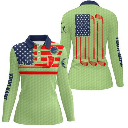 American flag patriotic womens golf polo shirt custom name green golf polo shirt, unique golf gifts NQS6479