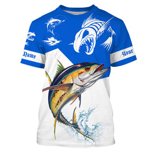 Angry Tuna fishing Custom Long sleeve Fishing Shirts, Tuna fish skeleton fishing jerseys | Blue NQS4235