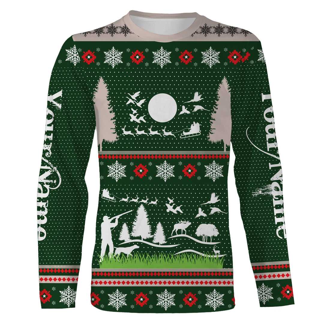 Hunter Santa funny ugly Christmas sweatshirt full print green Christmas pattern, Christmas gift NQS2565