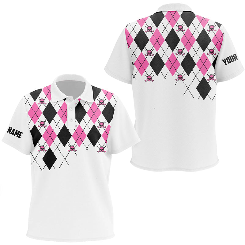 Kid golf polos shirt pink and black argyle plaid golf skull pattern custom white golf tops for Kid NQS7214