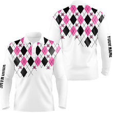 Load image into Gallery viewer, Mens golf polo shirts pink and black argyle plaid golf skull pattern custom white mens golf tops NQS7214