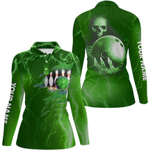 Load image into Gallery viewer, Personalized bowling polo shirt for women green lightning Custom name Team skull bowling Jerseys NQS6493