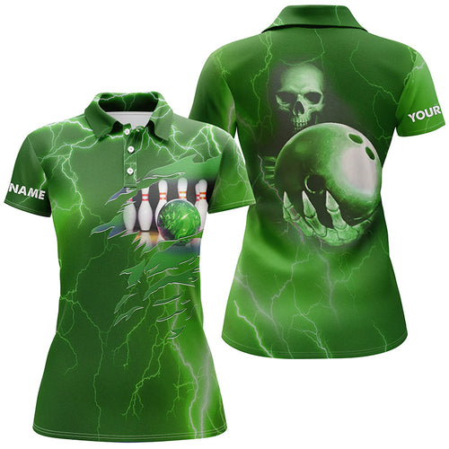 Personalized bowling polo shirt for women green lightning Custom name Team skull bowling Jerseys NQS6493