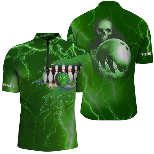 Personalized bowling Quarter-Zip shirt for men green lightning Custom name Team skull bowling Jerseys NQS6493