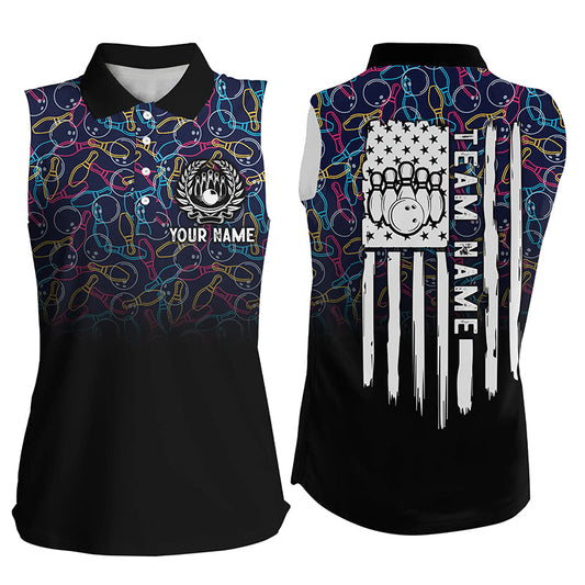 Black bowling camo Women sleeveless polo shirts Custom American flag patriotic bowling team jerseys NQS6759