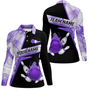 Bowling flame purple smoke pattern Custom black Women bowling polo shirts, Team Bowling League Jersey NQS7229