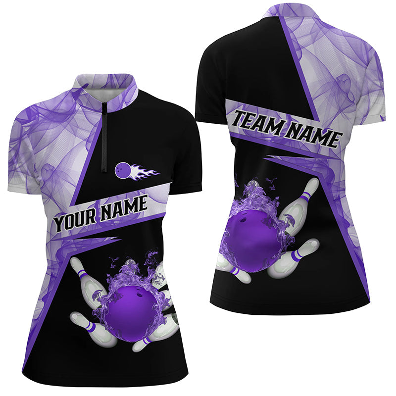 Bowling flame purple smoke pattern Custom black Womens Bowling Quarter Zip shirts, Team Bowling Jersey NQS7229