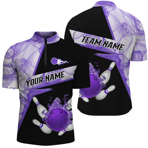 Bowling flame purple smoke pattern Custom black Men's bowling Quarter Zip shirts, Team Bowling Jersey NQS7229