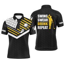 Load image into Gallery viewer, Mens golf polo shirt swing swear drink repeat custom name black American flag golf shirts NQS4034