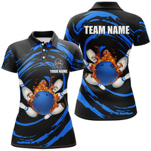 Load image into Gallery viewer, Blue flame bowling ball and pins Women bowling polo shirts Custom Team female bowling outfit NQS7235