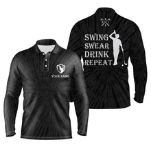 Load image into Gallery viewer, Funny Mens golf polos shirts custom name swing swear drink repeat black tie dye pattern golf shirts NQS5116