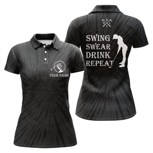 Funny Womens golf polos shirts custom name swing swear drink repeat black tie dye pattern golf shirts NQS5116