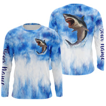 Load image into Gallery viewer, Shark fishing blue sea camo Custom Name sun protection UPF long sleeve fishing jerseys shirts NQS3545