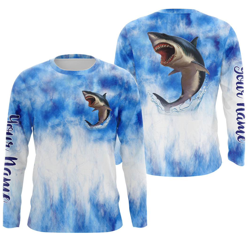 Shark fishing blue sea camo Custom Name sun protection UPF long sleeve fishing jerseys shirts NQS3545